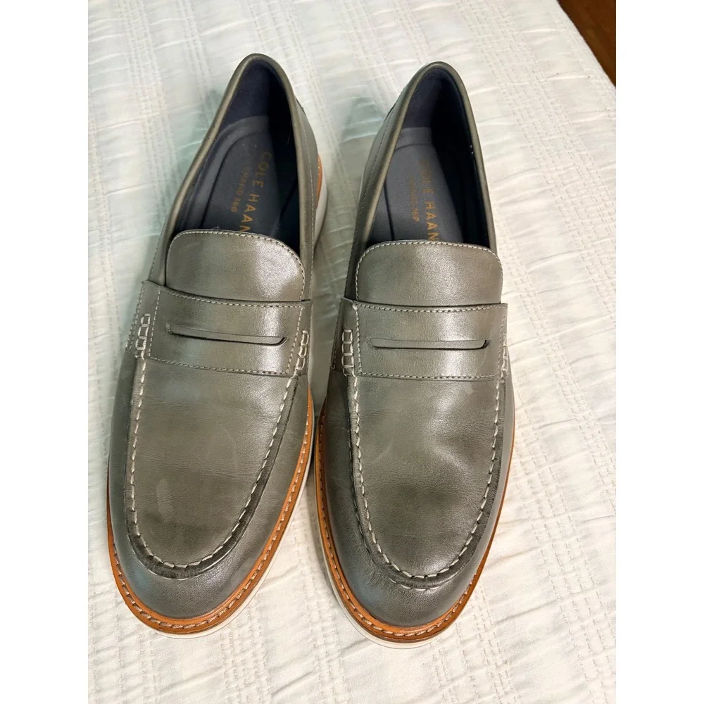 Cole Haan Grand 360 Mens Penny Loafers Olive Gray Leather C33703 Wedge Sole 10M